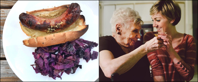 Oma’s red cabbage with grilled brats (left); Oma and Kate!